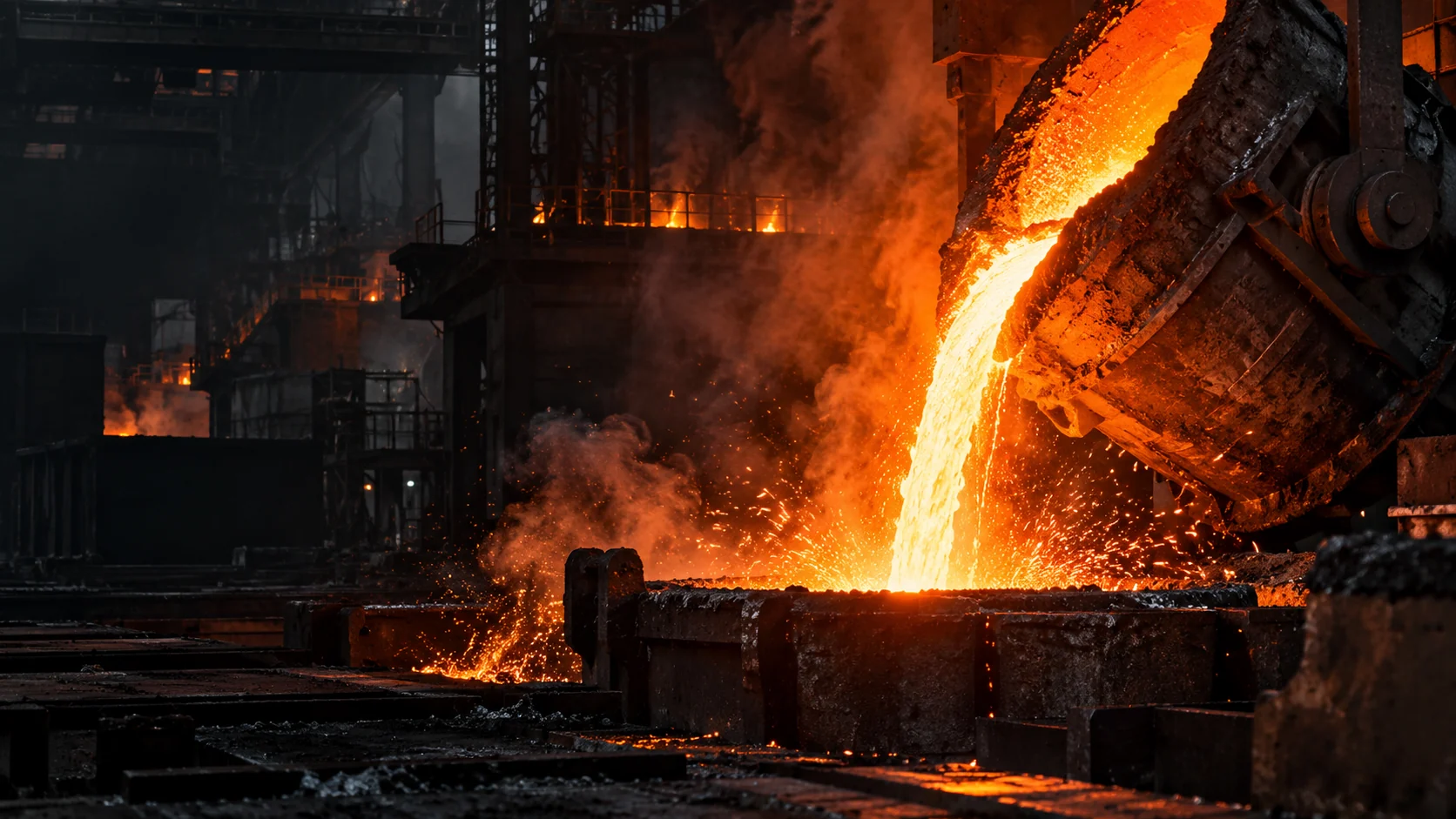 Illustrative foundry scene with glowing molten material