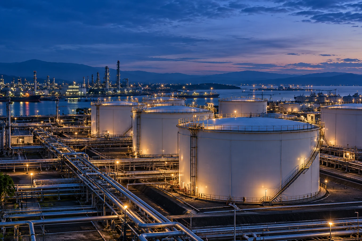 Illustrative petroleum storage terminal at dusk